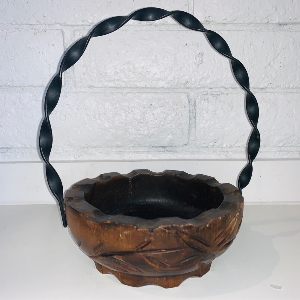 Solid Wood Carved Basket w/ Twisted Iron Handle